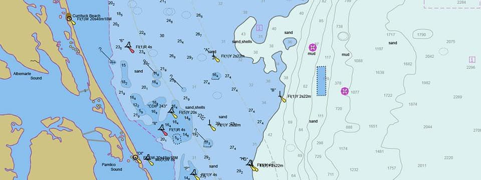 A published nautical chart of the Outer Banks, with the reconstruction registered on top of it